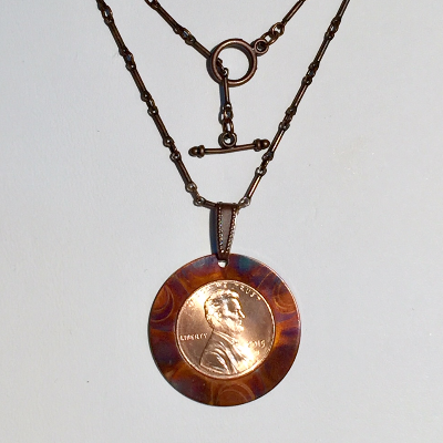 Flame Painted Copper And Lucky Penny Pendant.
