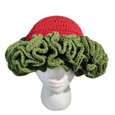 Handmade Crochet Hat With Ruffles Red+Green