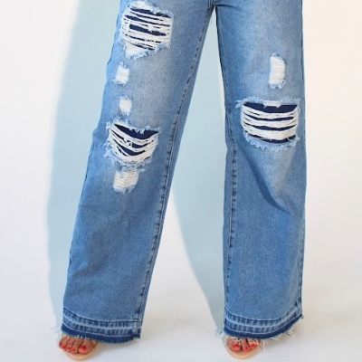Wide Bottom High Rise Distressed Jeans Pants