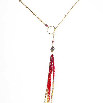 Red 14k Fringe Beadwork Earrings Or Laiat Neclace