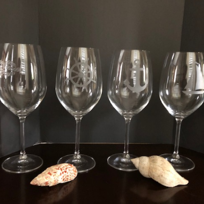 Nautical Etched Glass Wine Glasses