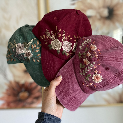 Hand Embroidered Floral Baseball Cap