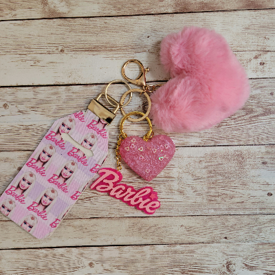 Barbie Silicone Ring Heart Pom Pom Keychain With Lipstick Holder 0