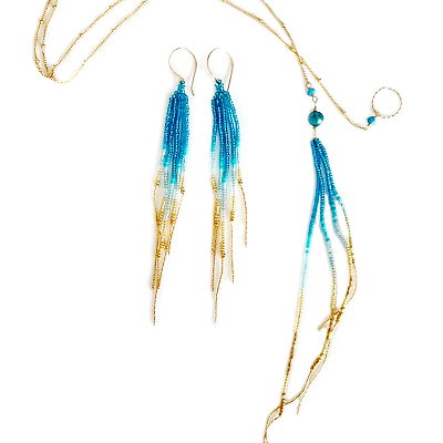 Turquoise Blue 14k Beadwork Fringe Earrings Or Lariart Necklaace