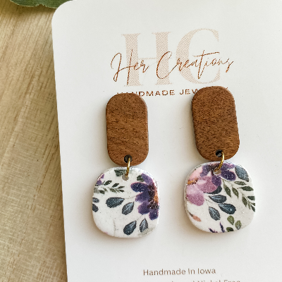 Purple Floral Earrings With Wood Post