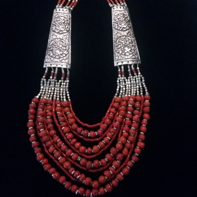 Necklace - Long With Red & Silver Beads