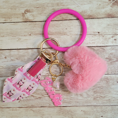 Barbie Silicone Ring Heart Pom Pom Keychain With Lipstick Holder 0