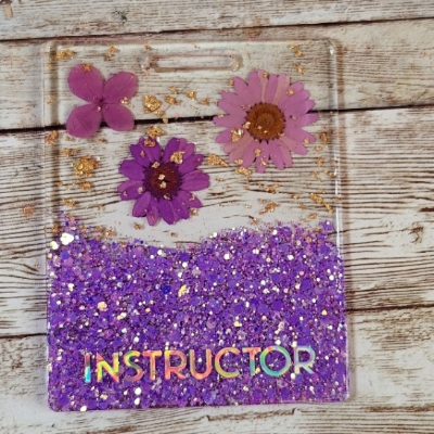 Purple Presed Flower & Glitter Horizontal Badge Buddy For Medical Professionals. Rn Nurse Badge Buddy. Acrylic And Resin Glitter Badge Buddy