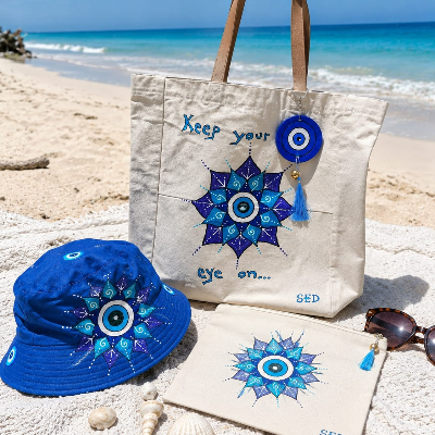 Hand-Painted Turkish Eye Tote Bag And Bucket Hat Set