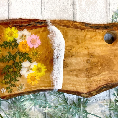 Olive Wood Spring Flower Milk Bath Cutting And Charcuterie Board