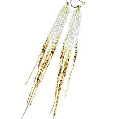 White & Gold Fringe Earrings Or Lariat Pearl & Genstone Necklace From The 14k Rainbow Collection