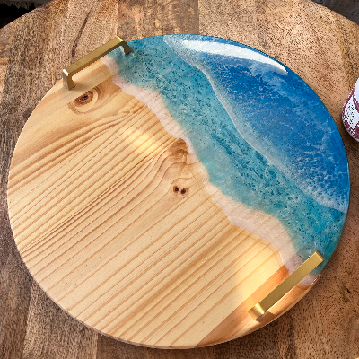 Large Round Ocean-Inspired Serving Tray With Golden Brass Handles