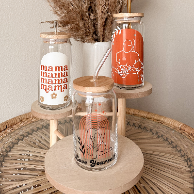 Beer Can Glass With Bamboo Lid And Glass Straw Square Cup 17 Oz,16oz And 20oz