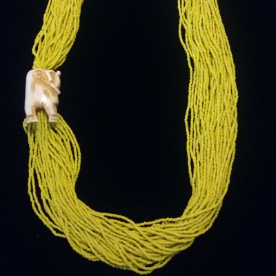 Necklace - Bright Yellow Seed Beads & A Large Elephant Bead - Jewelry