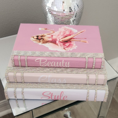 Coffee Table Book Stack (Set Of 3). Glam Book Stack. Light Pink,  Pink & White Books. Makeup Room Decor