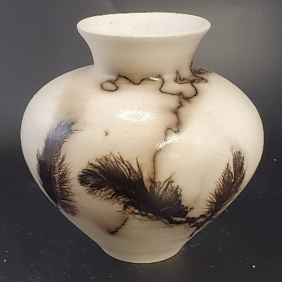 Feather And Horse Hair Raku Vase