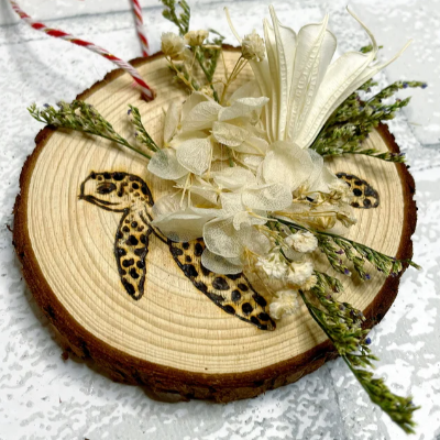 Yellow Pyrography Turtle Wood Slice Holiday Ornament