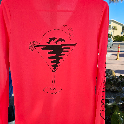 Women's Upf50 Hot Coral Moisture Wicking Shirt With Dolphin/Martini Design