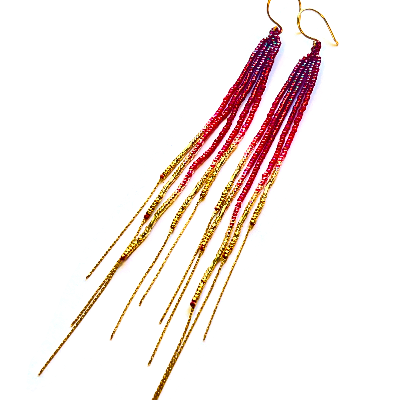 Red 14k Fringe Beadwork Earrings Or Laiat Neclace