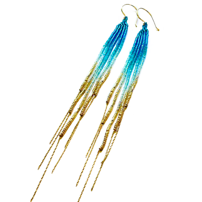 Turquoise Blue 14k Beadwork Fringe Earrings Or Lariart Necklaace