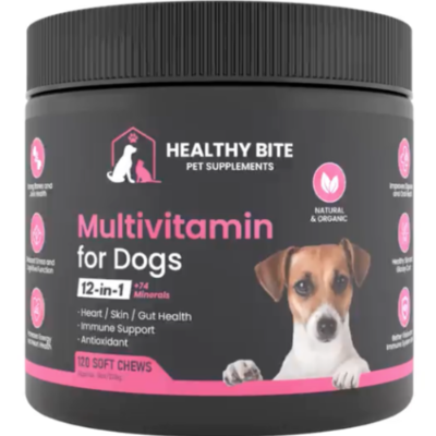 Healthy Bite 12 In 1 Multivitamin For Dogs - Premium Organic & Natural Soft Chews - Skin, Coat, Oral Health, Immune System Boost, Corn Soy Grain Free, Bacon Flavor, 120 Count
