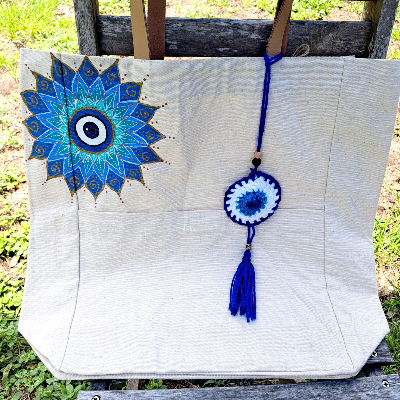 Mandala Greek Evil Eye Blue White Tote Bag