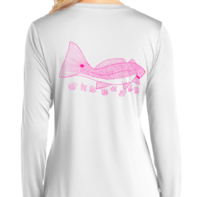 Women's Upf50 White Moisture Wicking Shirt With Pink Redfish Design