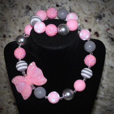 Gray And Pink Bow Necklace