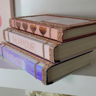 Custom Glam Coffee Table Book Stack (Set of 3). Pink, Rose Gold 