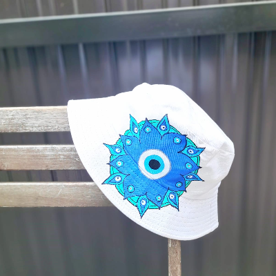 Hat Bucket Hand Painted Hat With Evil Eye & Mandala Decoration