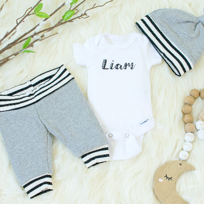 Gray Baby Clothing Set With Custom Name Onesie