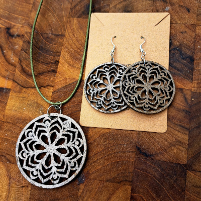 Wooden Engraved Lotus Flower Mandala Earrings, Rustic, Laser Cut, Rustic, Bridal