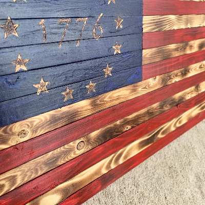 Rustic Wooden American Flag With Hand-Carved Stars