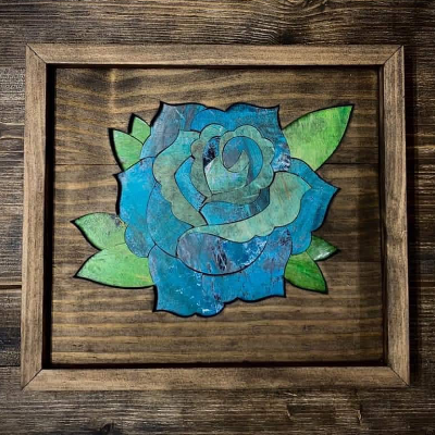 Handmade Recycled Skateboard Mosaic Rose Wood Art