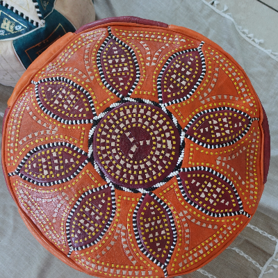Handmade Moroccan Leather Pouf- Orange And Red