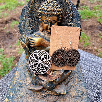 Wooden Engraved Lotus Flower Mandala Earrings, Rustic, Laser Cut, Rustic, Bridal