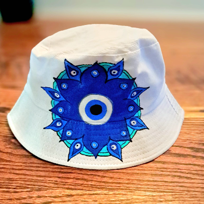Hat Bucket Hand Painted Hat With Evil Eye & Mandala Decoration