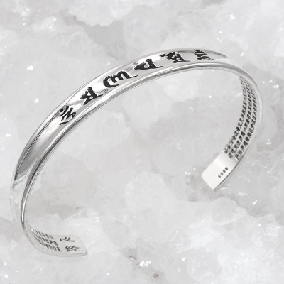 Lotus Heart Sutra Mantra Sterling Silver Tibetan Cuff Bracelet Collection