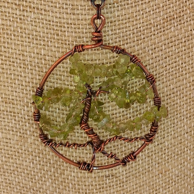 Peridot And Copper Wire Wrapped Tree Of Life Necklace