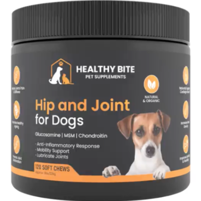 Healthy Bite Hip & Joint For Dogs - Premium Organic & Natural Soft Chews Lubricate Joints, Supports Mobility & Flexibility, Turmeric, Glucosamine, Chondroitin, Msm, Bacon Flavor, 120 Count