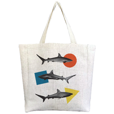 Hand-Printed Three Sharks Tote Bag