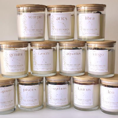 Zodiac Candles For Each Astrological Sign, With Crystals, Herbs, And Florals Inside