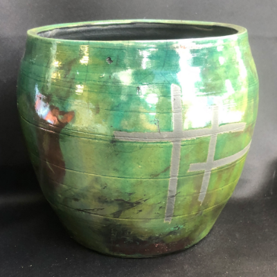 Unique Raku Vase, Raku Pottery, Green Raku Vase, Copper Raku Vase