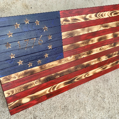 Rustic Wooden American Flag With Hand-Carved Stars