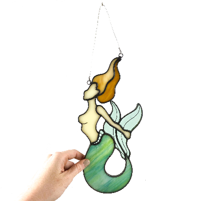 Stained Glass Tail-Holding Mermaid Suncatcher