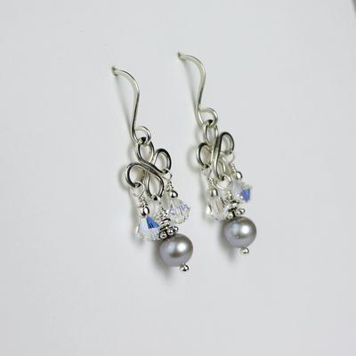 Silver Clover With Gray Pearl Dangle Earrings