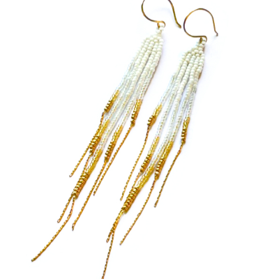 White & Gold Fringe Earrings Or Lariat Pearl & Genstone Necklace From The 14k Rainbow Collection