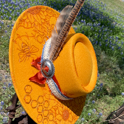 Sunflower & Honeycomb| Yellow Pork Pie Made To Order Hand Burned Felt Western Extra Wide Brim Customizable Hat