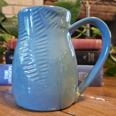 Handmade Ceramic Mug - Carved Fern - Blue
