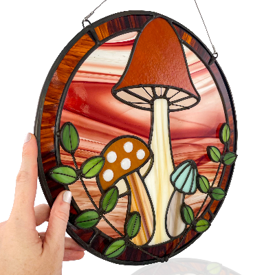 Stained Glass Leafy Mushroom Trio Panel